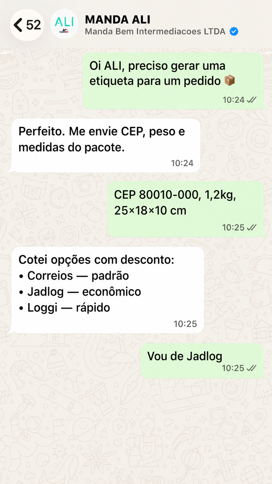 Conversa real da ALI no WhatsApp mostrando o envio dos dados, a cotação com desconto e a escolha da transportadora