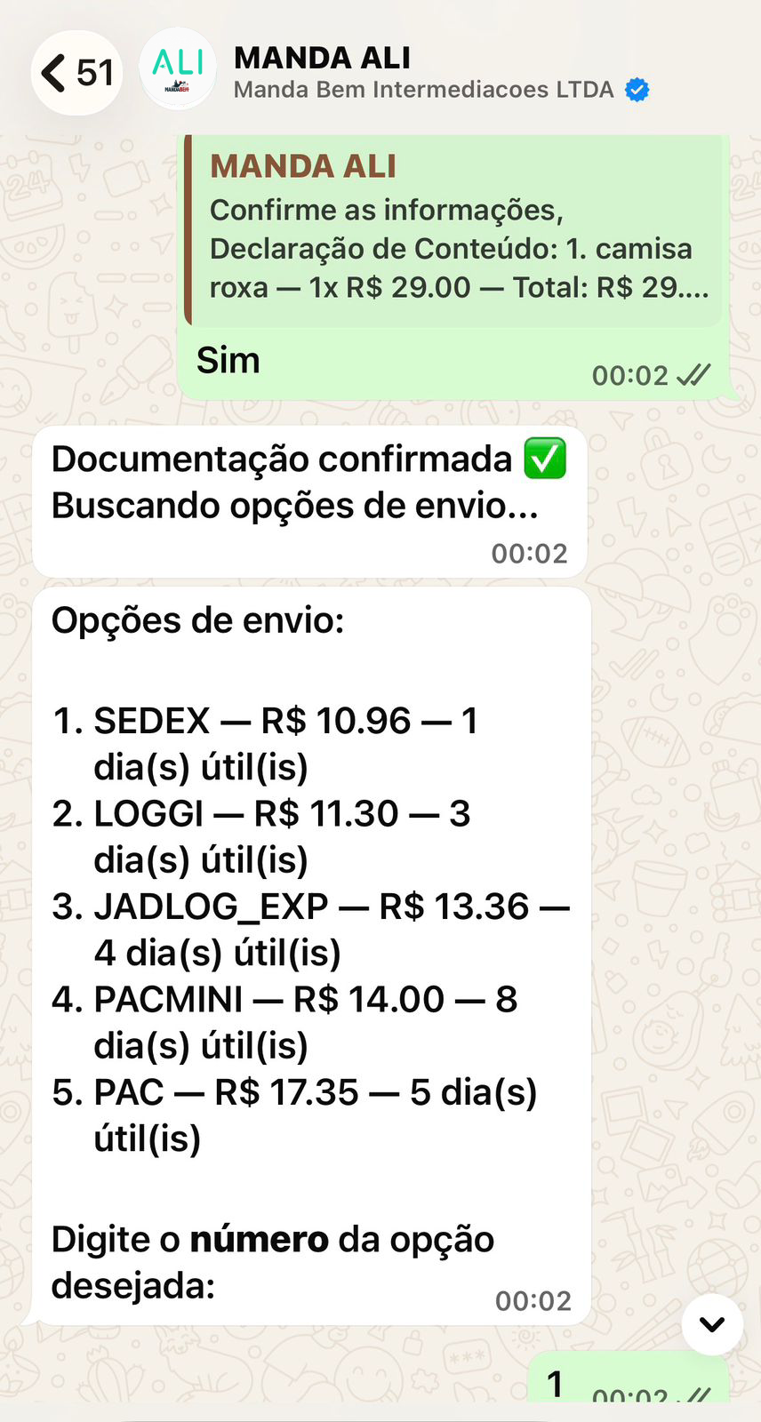 Captura da ALI no WhatsApp mostrando várias opções de envio com preço e prazo.