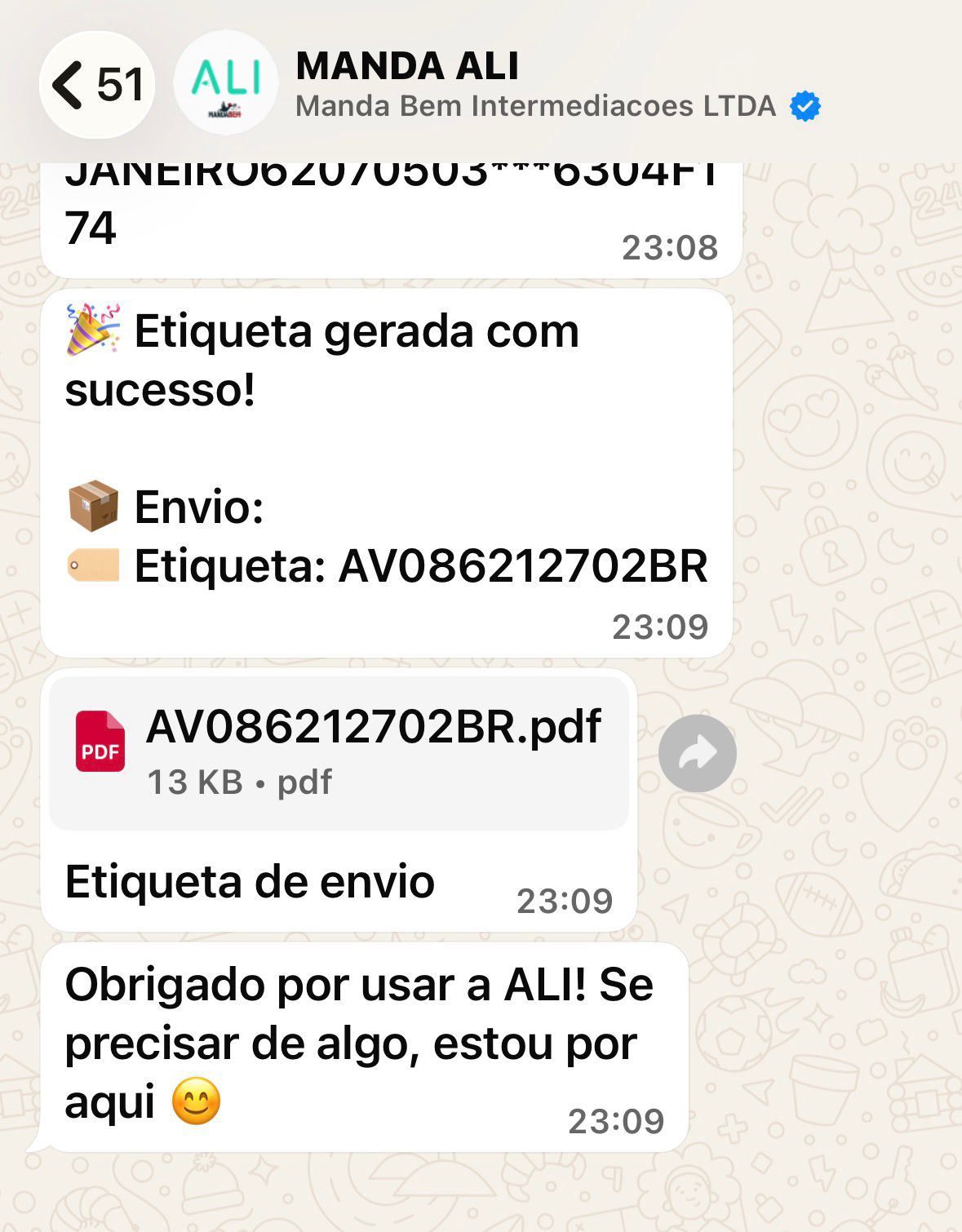 Captura da ALI no WhatsApp mostrando a etiqueta gerada com sucesso e o arquivo PDF enviado na conversa.