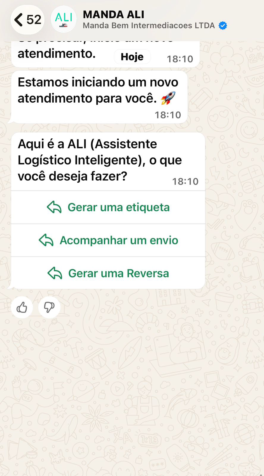 Captura da ALI no WhatsApp mostrando as opções gerar etiqueta, acompanhar envio e gerar reversa.